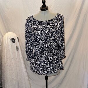 Alfani Navy and White Patterned Blouse